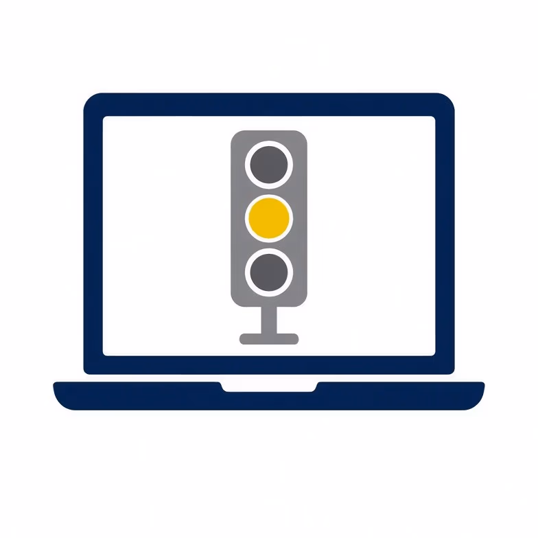 IT-Infrastruktur prüfen: Laptop-Symbol mit gelber Ampel zeigt Leistungsverluste und Defizite beim IT-Quick-Check.