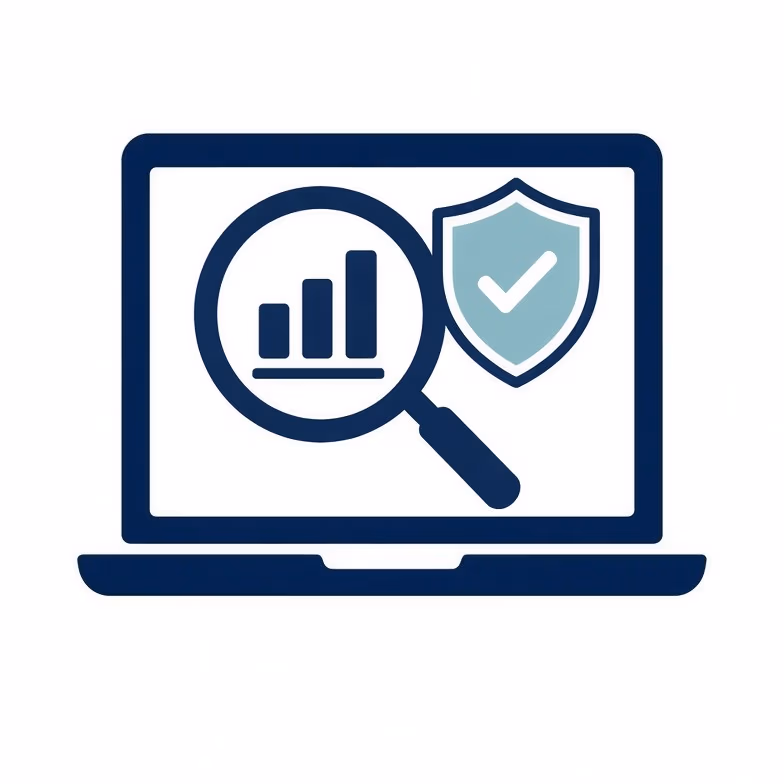 Icon für den IT-Quick Check: Ein dunkelblauer Laptop, auf dessen Bildschirm eine Lupe mit einem Balkendiagramm und ein hellblaues Schutzschild mit einem Häkchen zu sehen sind.